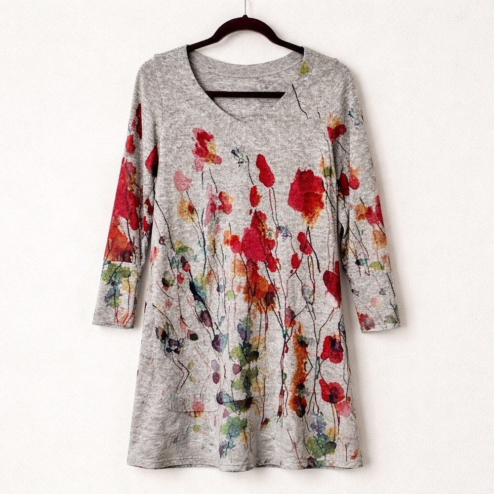 Soft‎ Surroundings Womens XS Gray Watercolor Floral V-Neck 3/4 Sleeve Tunic